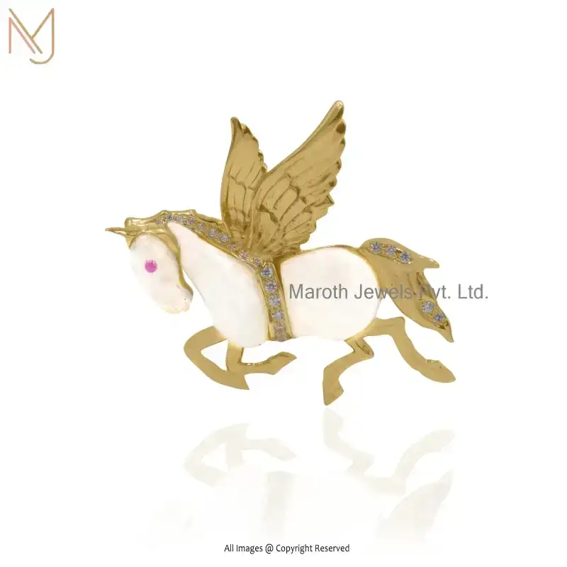 925 Silver Yellow Gold Moonstone Small Stone Ruby & CZ Flying Horse Pendant USA