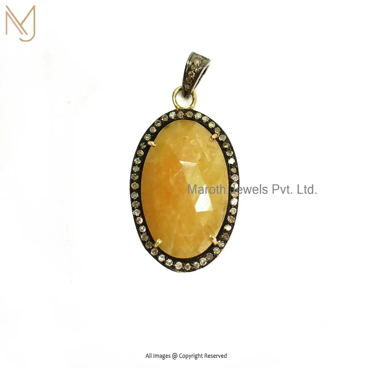925 Sterling Silver Rhodium Yellow Gold Plated Diamond & Yeliow Sapphire Oval Desgin Pendant Custom Jewelry