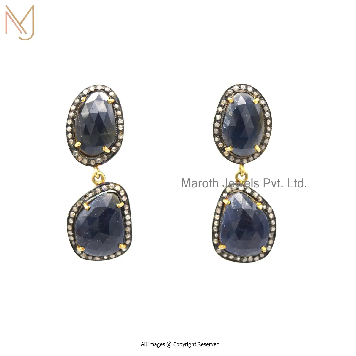 Wholesale 925 Silver Yellow Gold Pave Diamond Designer Blue Sapphire Gemstone Earring