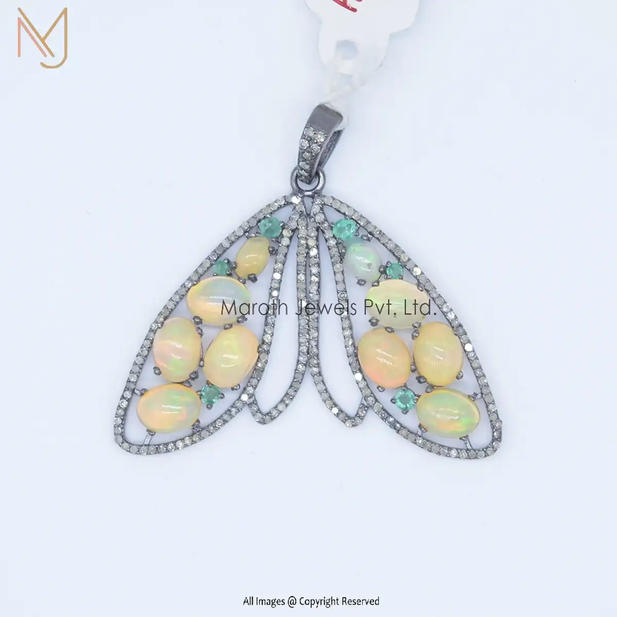 925 Silver Rhodium Pave Diamond Emerald & Opal Pendant Gemstone Jewelry Manufacturer