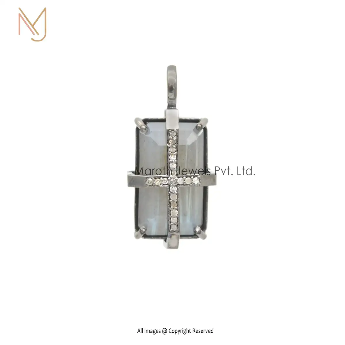 925 Silver Pave Diamond Pendant Labradorite Gemstone Handmade Jewelry USA