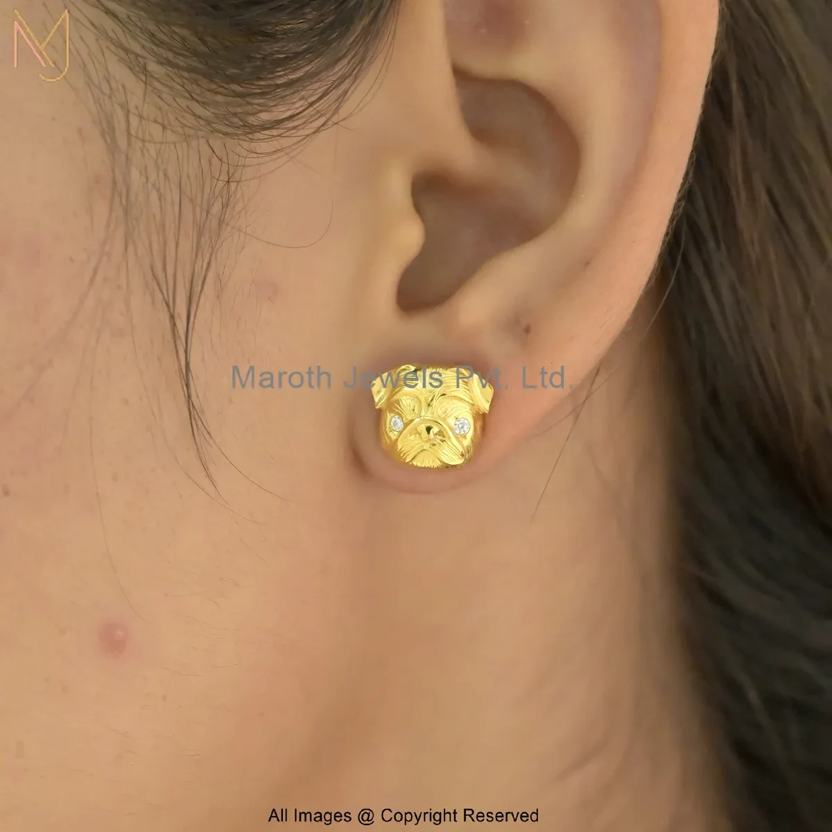 925 Silver Yellow Gold Plated Cubic Zircon Gold Pug Head Stud Earring Manufacturer
