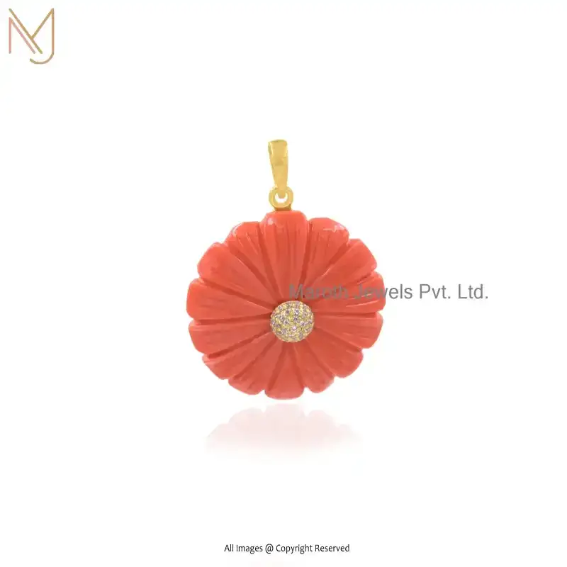 14K Yellow Gold Malachite And Pink CZ Flower Gemstone Pendant Custom Jewelry