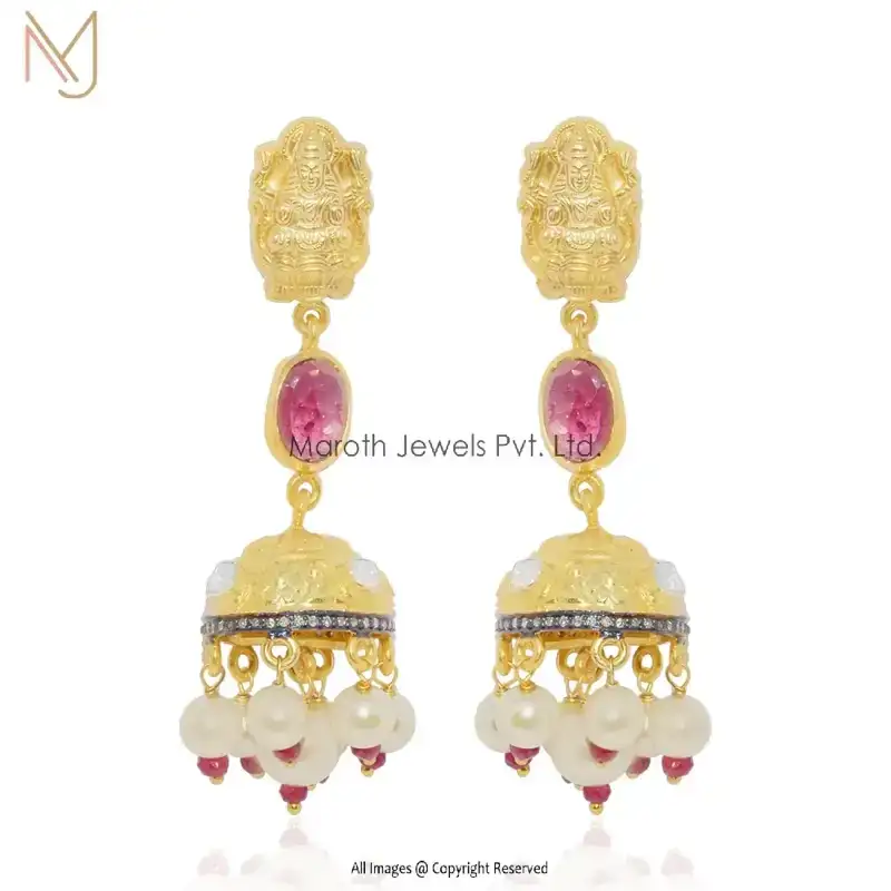 14K Yellow Gold Diamond , Pearl , Ruby , Rose Cut Diamond Gemstone Jhumka Earring USA