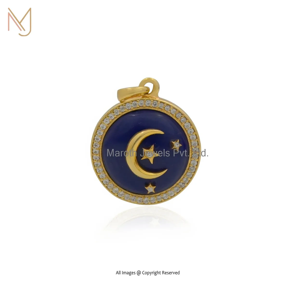 Wholesale 14K Yellow Gold Cubic Zircon & Lapiz Lazuli Star Moon Pendant