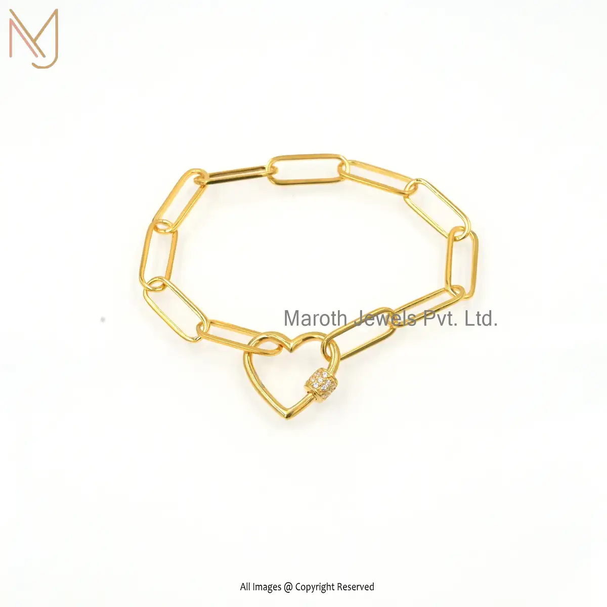 925 Silver Yellow Gold Plated paperclip CZ Bracelet Jewelry Supplier