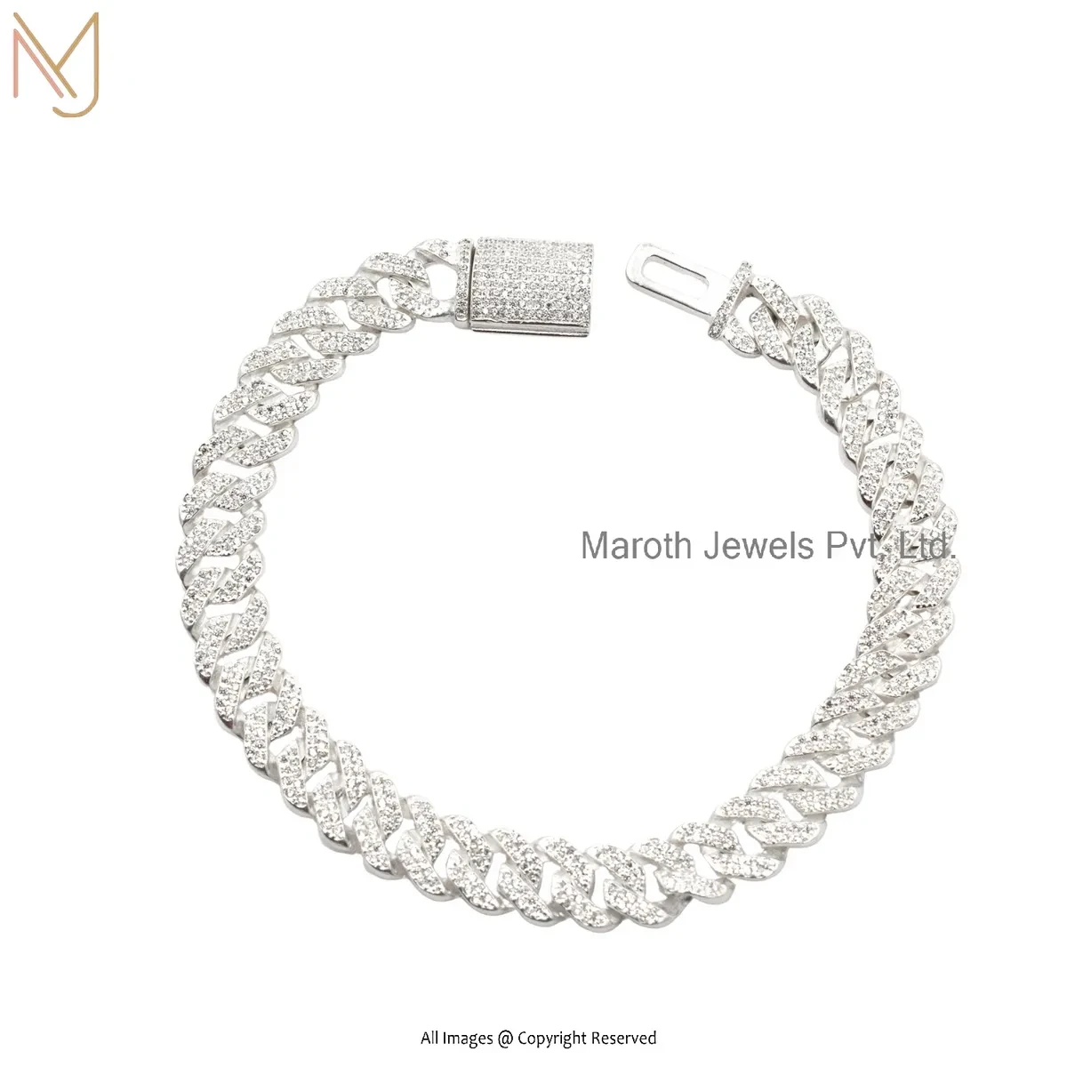 14K White Gold Cubic Zircon Curb Chain Bracelet Jewelry Supplier