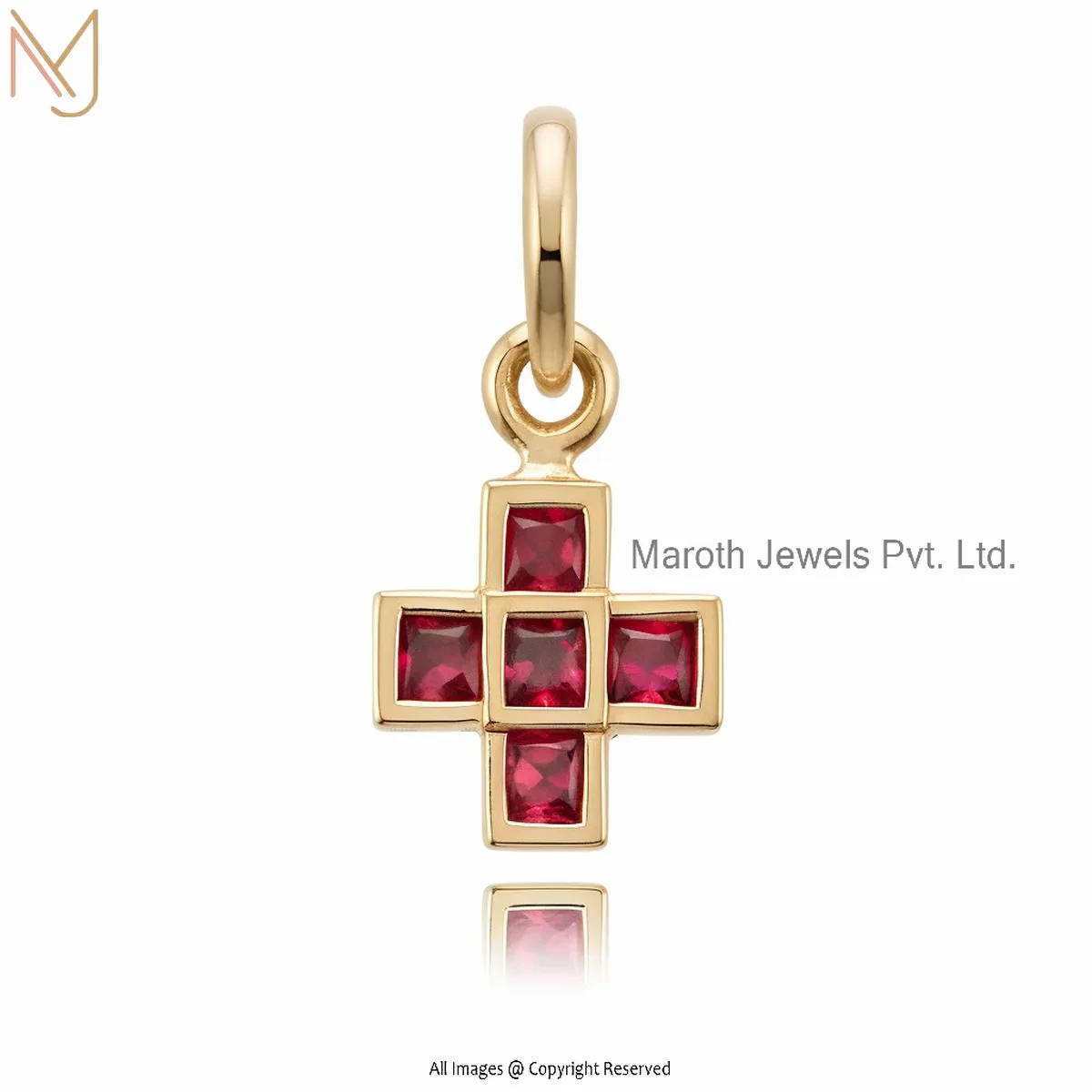 14K Yellow Gold Ruby Square Cross Pendant Custom Jewelry