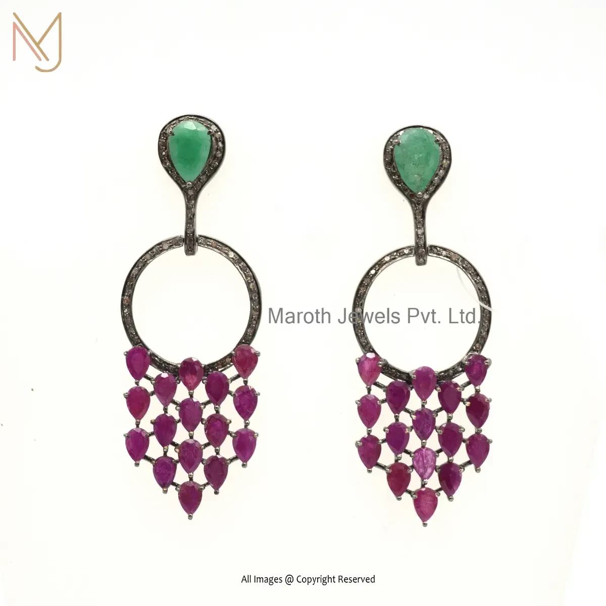 14K Yellow Gold Pave Diamond Ruby And Emerald Drop Earring Jewelry Supplier