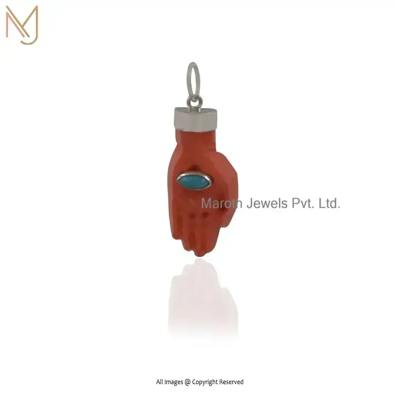 14K Yellow Gold Orange Coral And White CZ Coral Hamsa Hand Charm Pendant USA