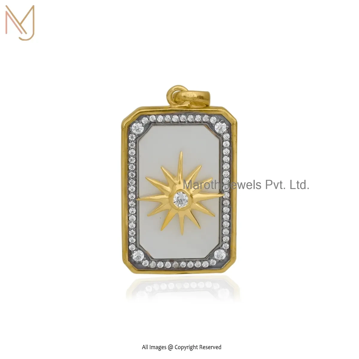 Private Lable 14K Yellow Gold Black Onyx & Cubic Zircon Square Star Pendant