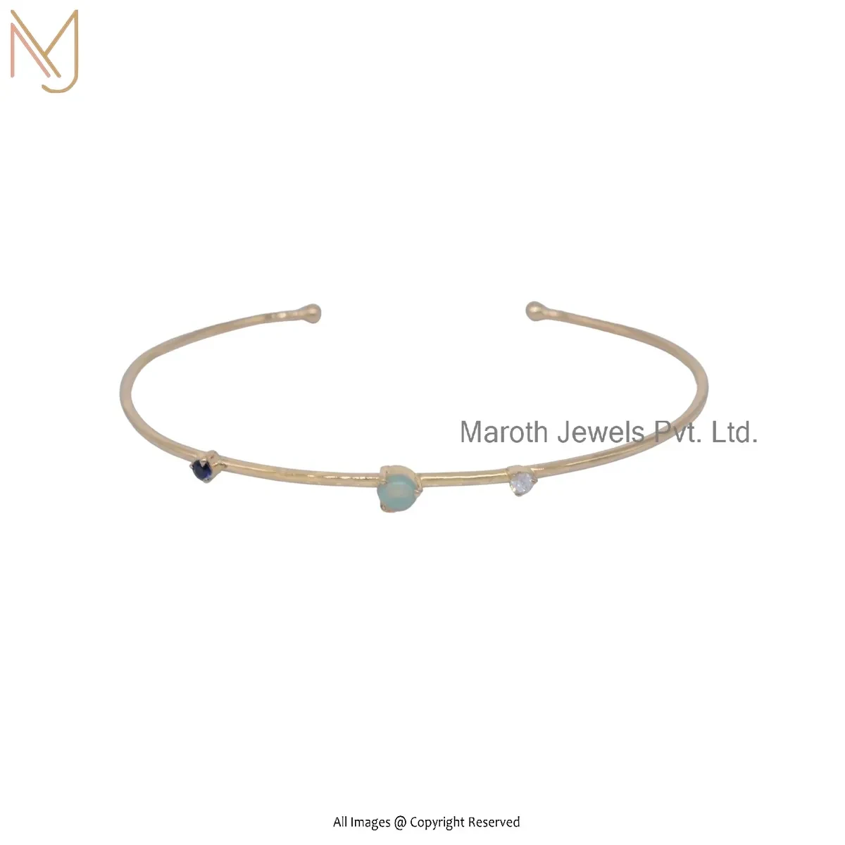 14K Yellow Gold Opal Diamond & Blue Sapphire Cuff Bangle Custom Jewelry