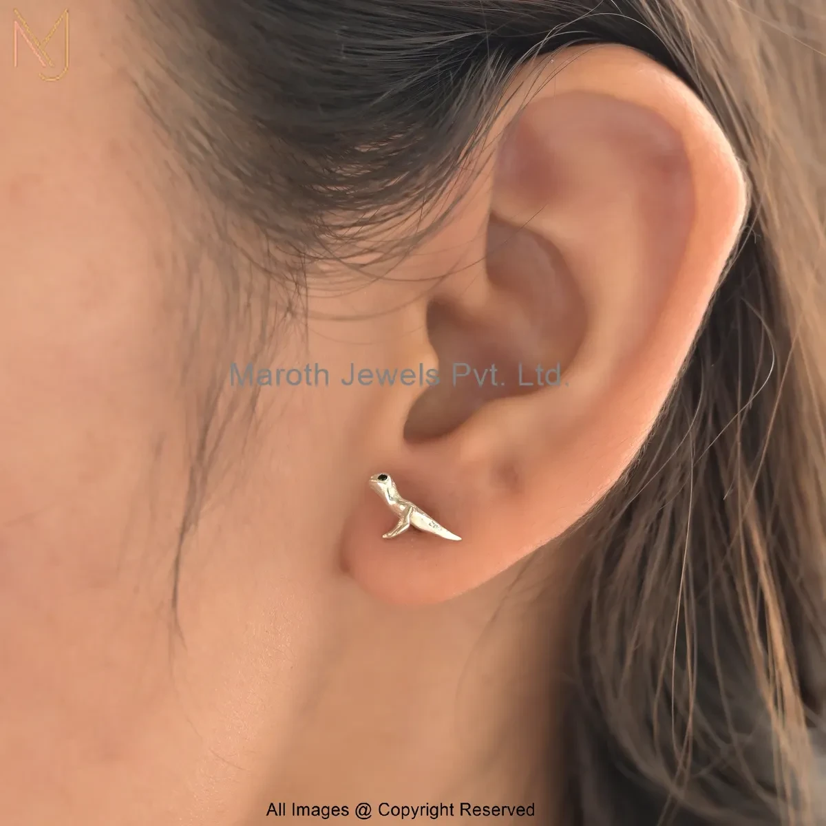 14K Yellow Gold Black Cubic Zircon Lizard Stud Earrings Jewelry Supplier