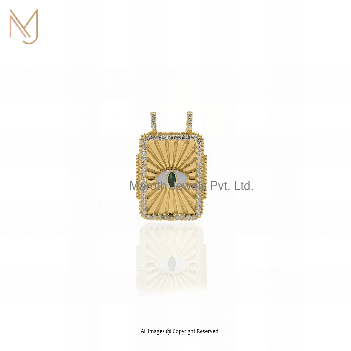 14K Yellow Gold Cubic Zircon & Enamel Evil Eye Square Charm Pendant USA