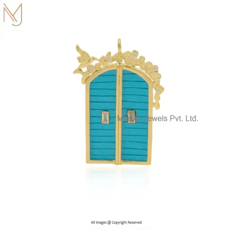 Private Lable 14K Yellow Gold Turquoise & White Topaz Handmade Gemstone Door Pendant