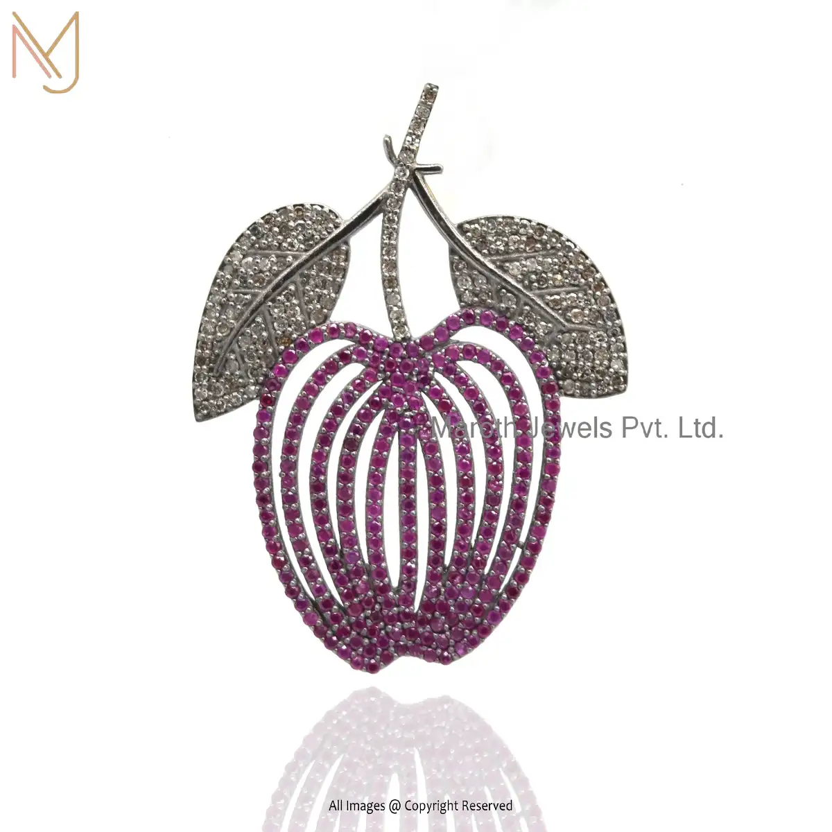 925 Silver Rhodium Plated Ruby Gemstone & Diamond Apple Design Pendant Custom Jewelry