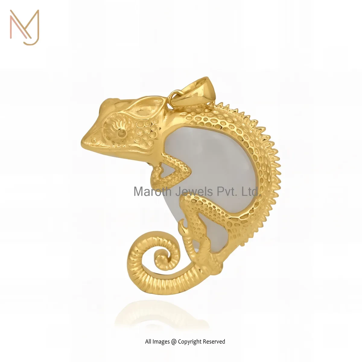 925 Silver Yellow Gold Plated Malachite Gemstone Chameleon Pendant Jewelry Supplier
