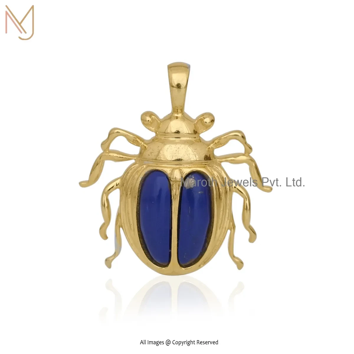 Private Lable 14K Yellow Gold Lapiz Lazuli Gemstone Scarab Charm Pendant
