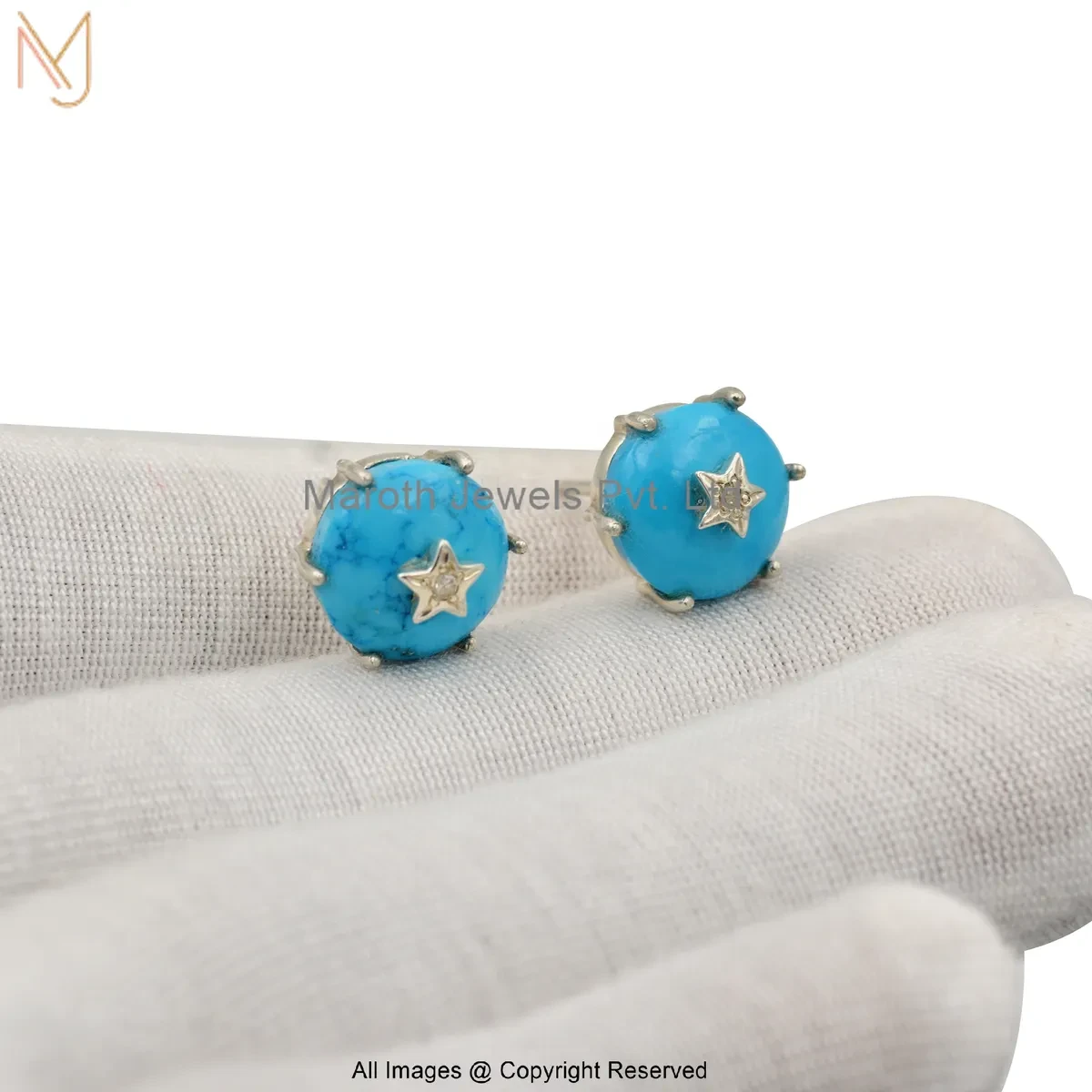 14K Yellow Gold Diamond Star Design Turquoise Stud Earring Custom Jewelry