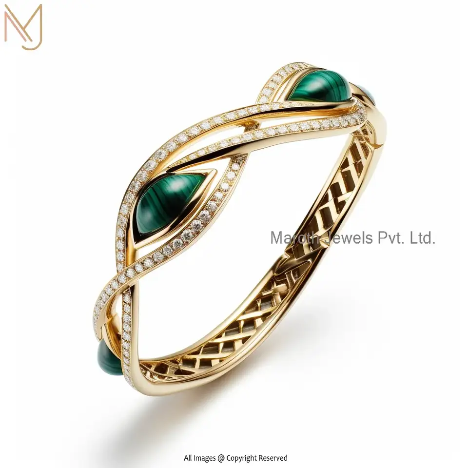 925 Silver Yellow Gold Plated Cubic Zircon & Malachite Bangle Custom Jewelry
