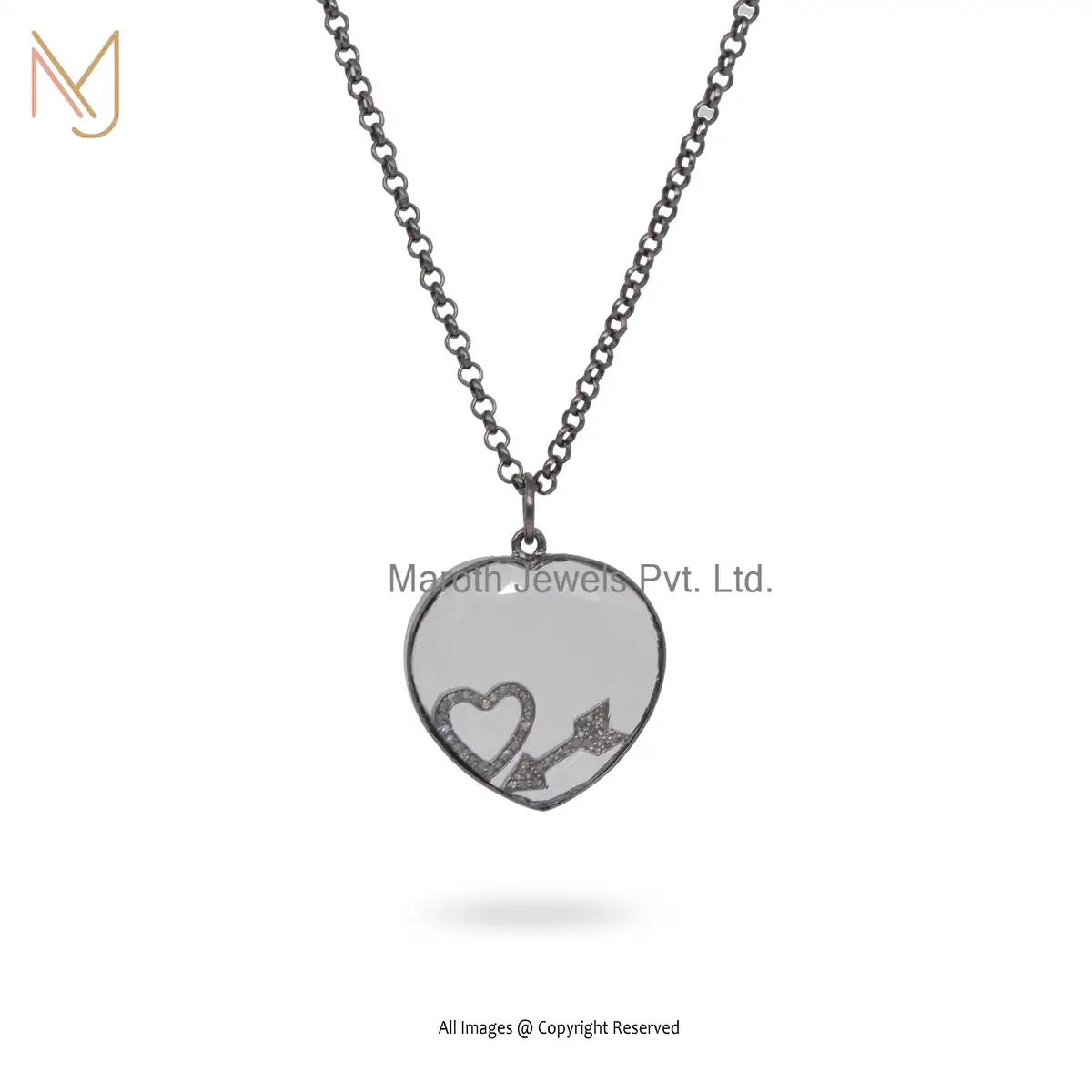 925 Sterling Silver Rhodium Plated Pave Diamond & Crystal Quratz Heart Desinger Pendant Jewelry USA