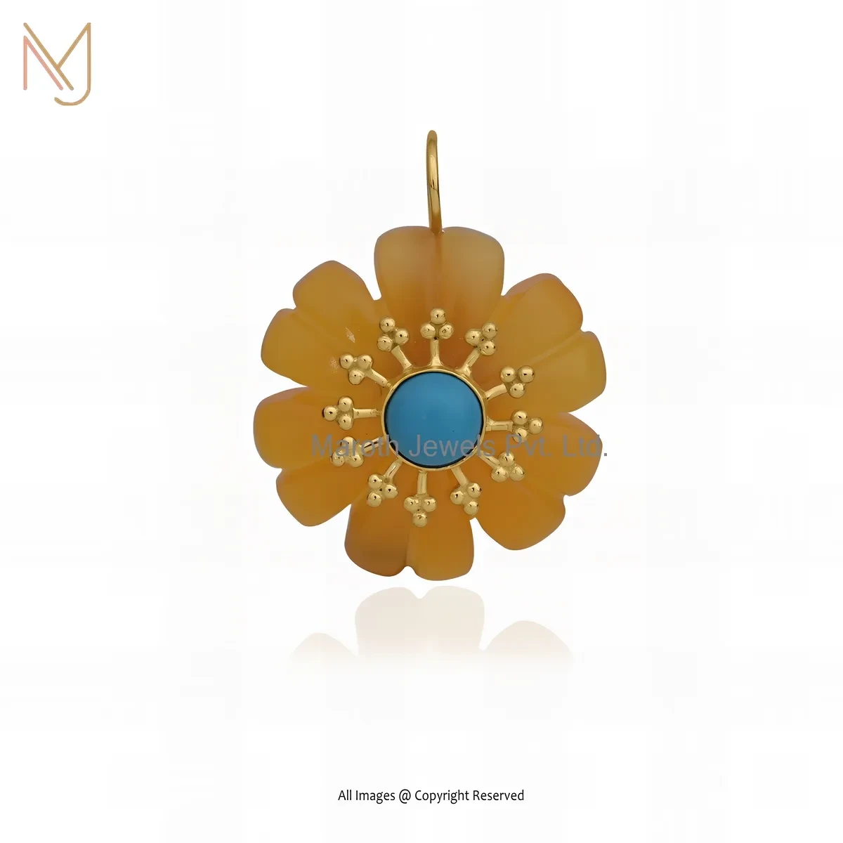 Wholesale 14K Yellow Gold Orange Carnelian And Turquoise Flower Pendant