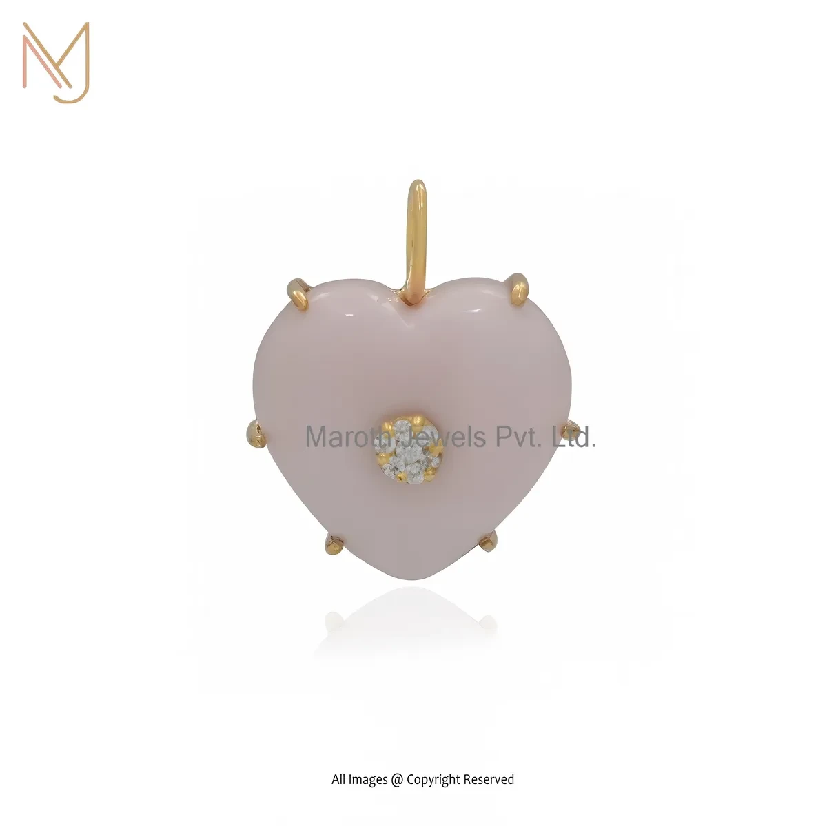 Wholesale 925 Silver Yellow Gold Plated Cubic Zircon & Pink Opal Heart Pendant