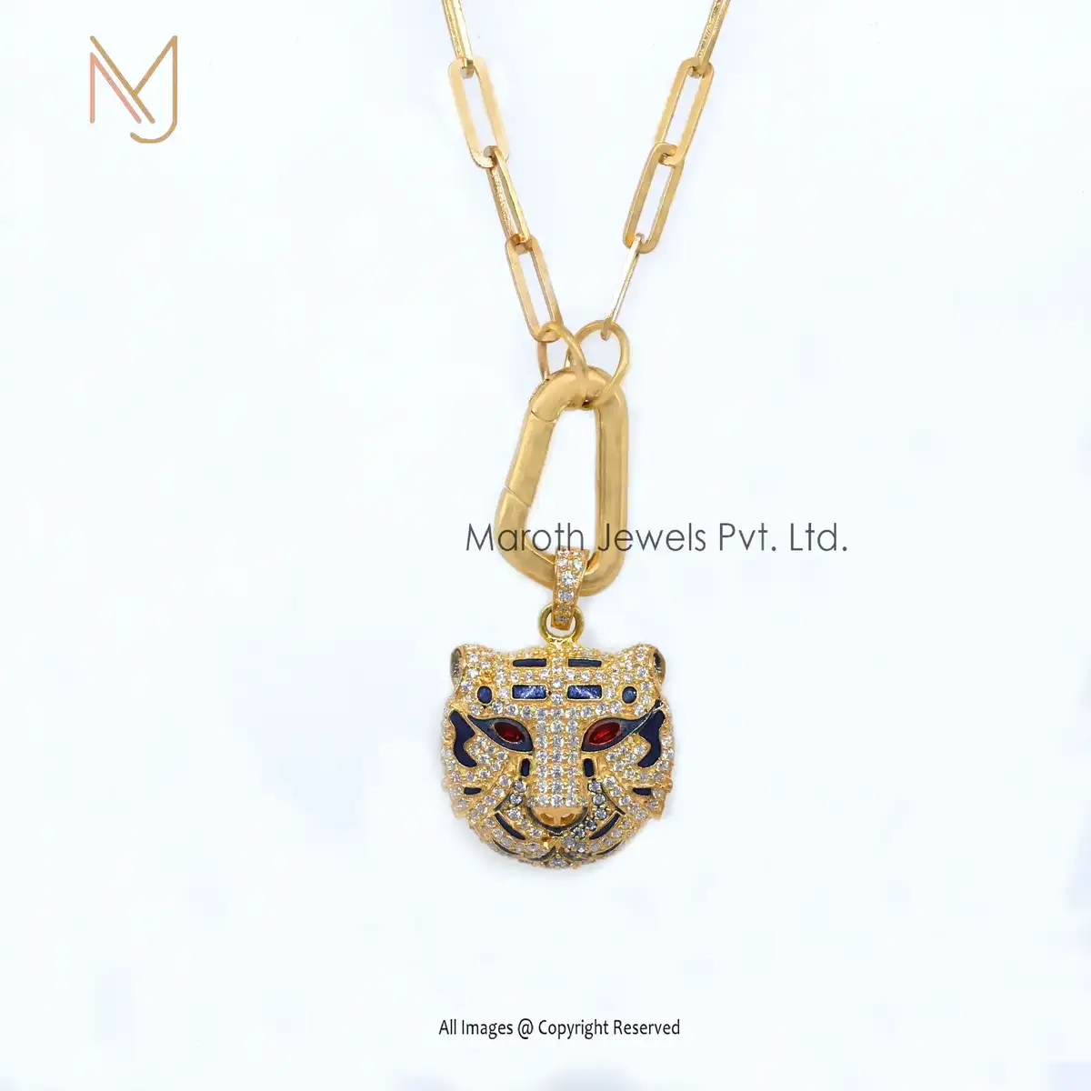 Wholesale 925 Slver White Gold Plated Cubic Zircon Blue & Red Enamel Tiger Pendant Jewelry