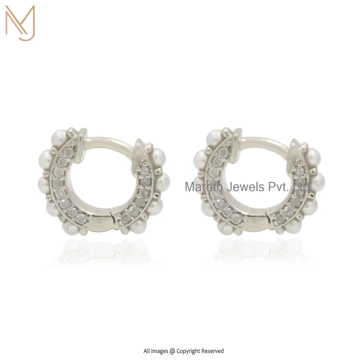 925 Silver Yellow Gold Plated Pearl Diamond Huggie Hoop Earring Jewelry Supplier
