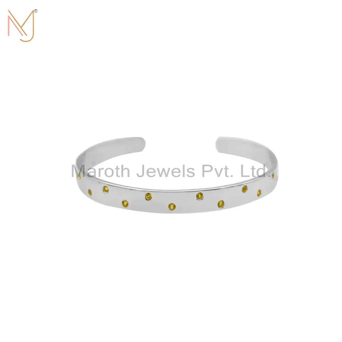 14K White Gold Yellow Sapphire Gemstone Cuff Bangle Custom Jewelry