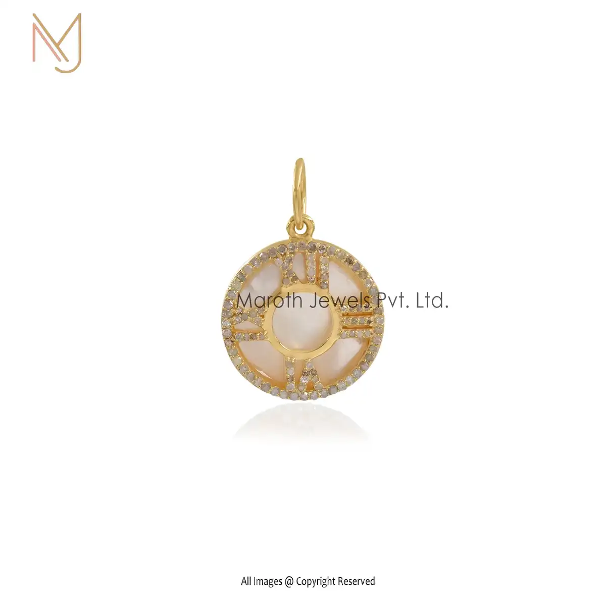 14K Yellow Gold Pave Diamond Mother Of Pearl Roman Clock Pendant Custom Jewelry