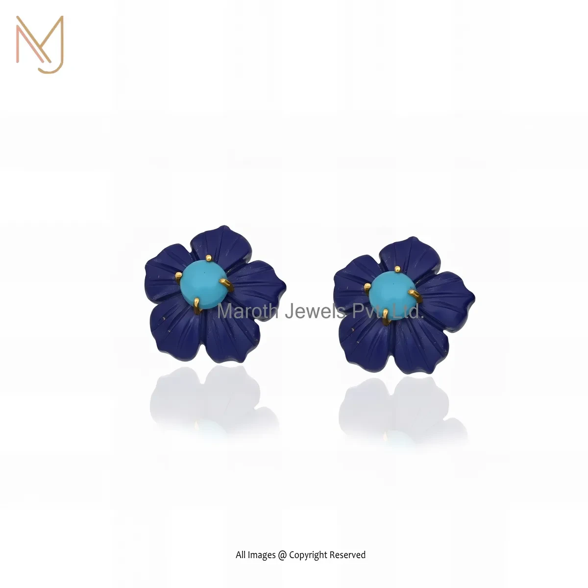 Wholesale 925 Sterling Silver Yellow Gold Plated Lapiz Lazuli And Turquoise Flower Earring