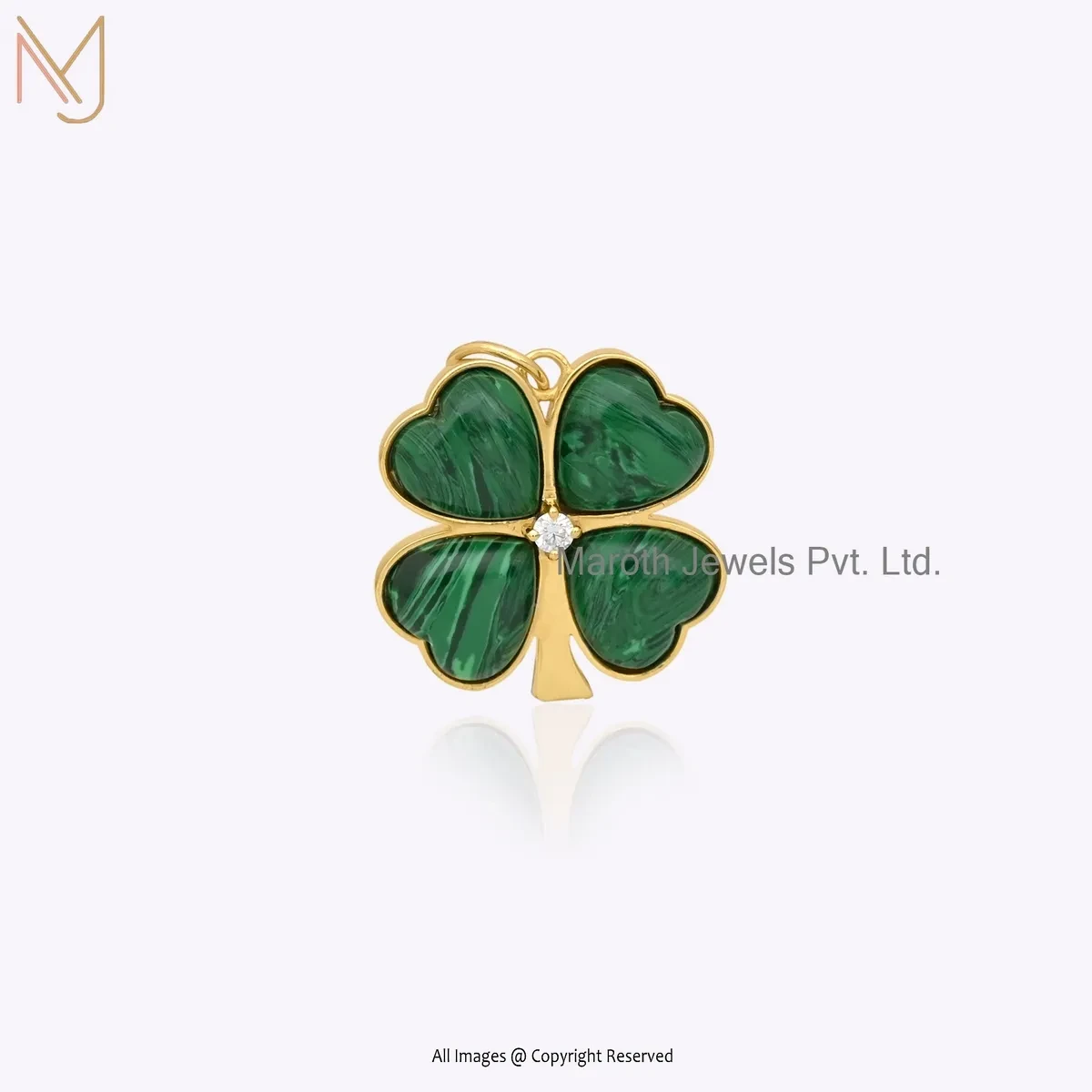 14K Yellow Gold Moissanite & Malachite Gemstone Four Leaf Clover Charm Pendant USA