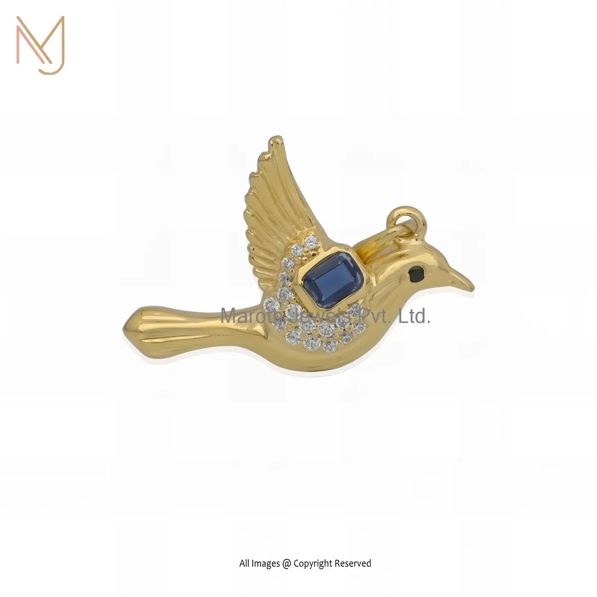 Wholesale 925 Silver Yellow Gold Plated Blue Sapphire & CZ Black Spinel Flying Bird Pendant