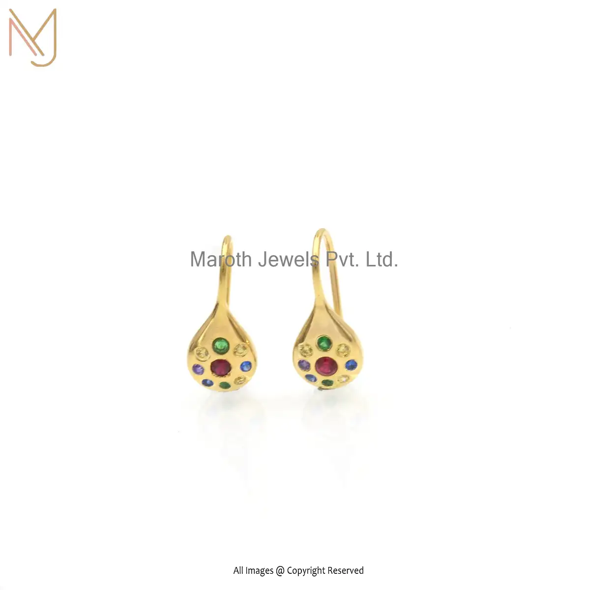 14K Yellow Gold Multi Sapphire Drop Shape Studs Earrings Custom Jewelry