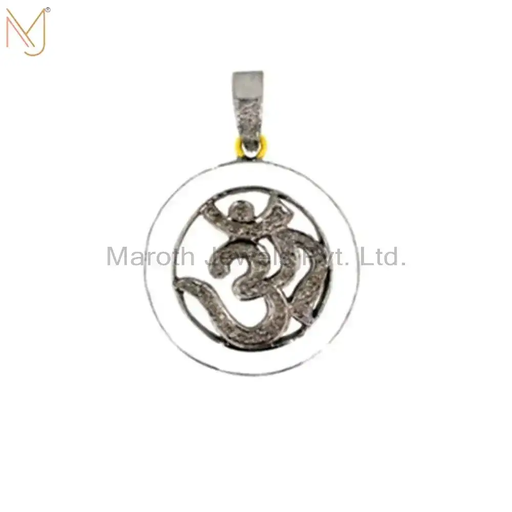 925 Silver White Gold Diamond Pave Round OM Religious Pendant Enamel Jewelry Manufacturer