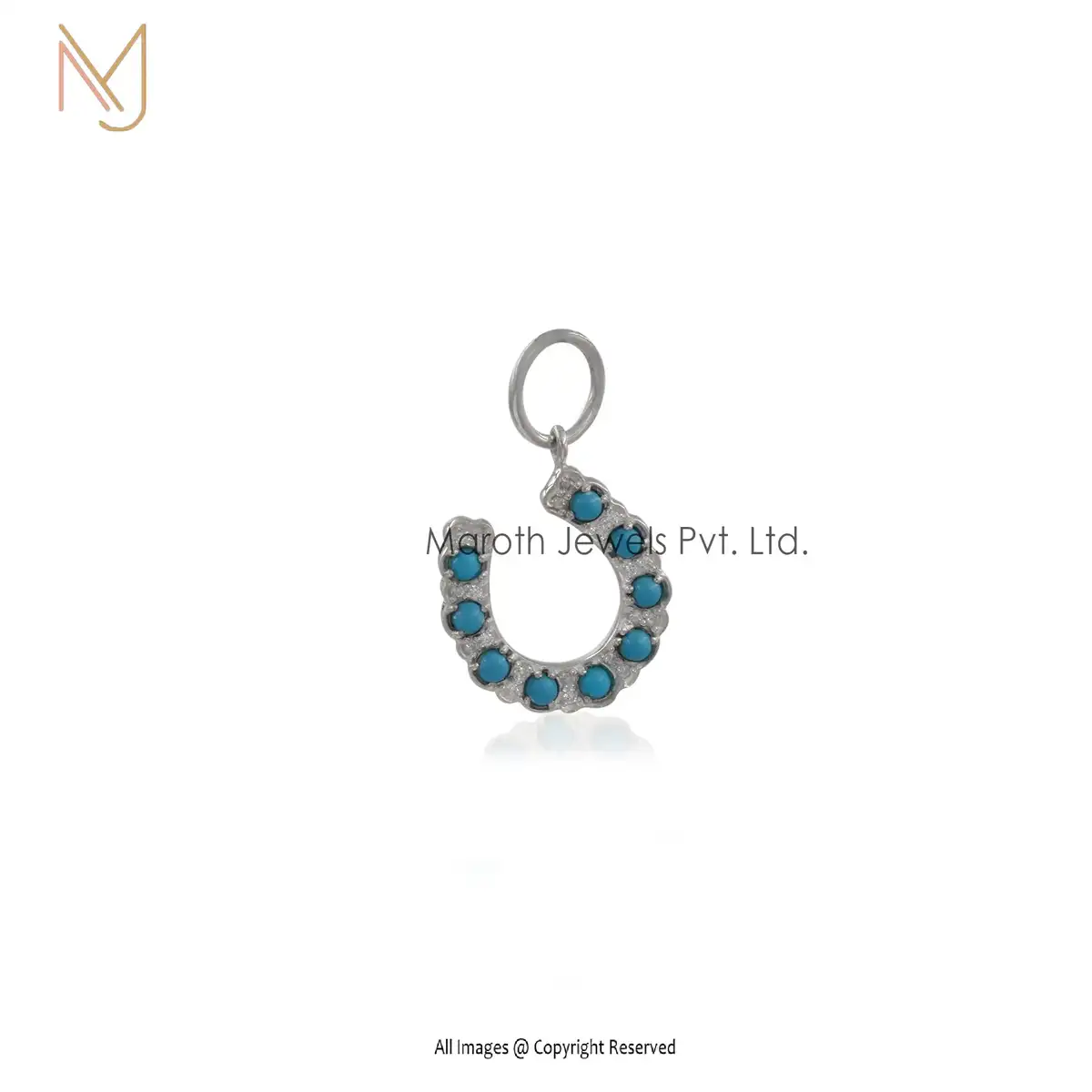 925 Silver Yellow Gold Diamond & Turquoise CZ Horseshoe Pendant USA