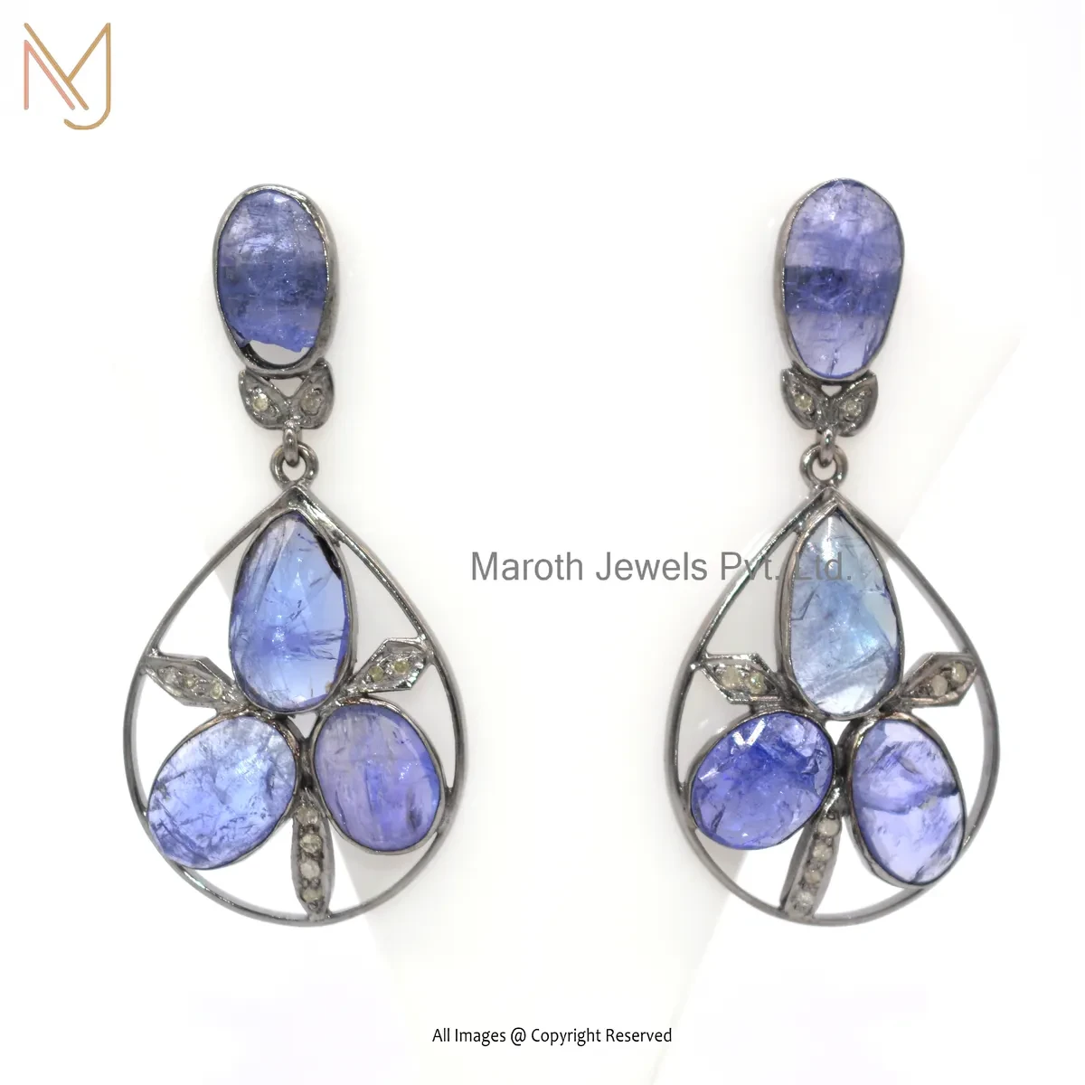 14K White Gold Pave Diamond Tanzanite Gemstone Drop Earring Custom Jewelry