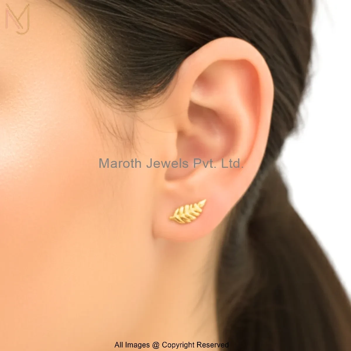 14K Yellow Gold Leaf Stud Earrings Manufacturer