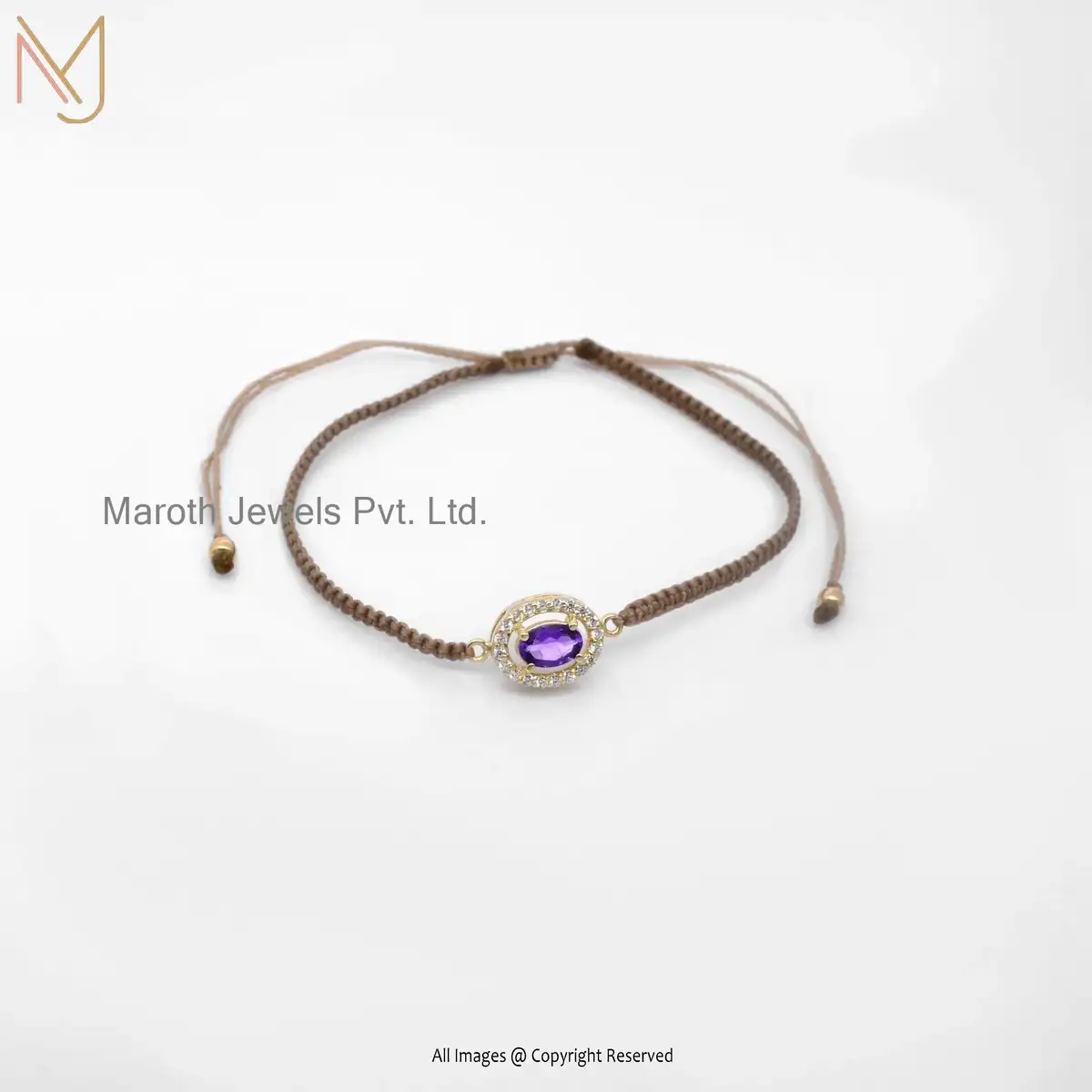 Private Lable 925 Silver Yellow Gold Oval Cubic Zircon & Amethyst Gemstone Bracelet Jewelry