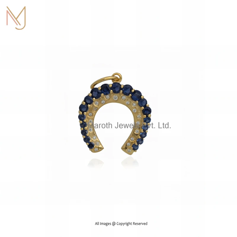 Private Lable 14K Yellow Gold Moissanite And Blue Sapphire Horseshoe Pendant