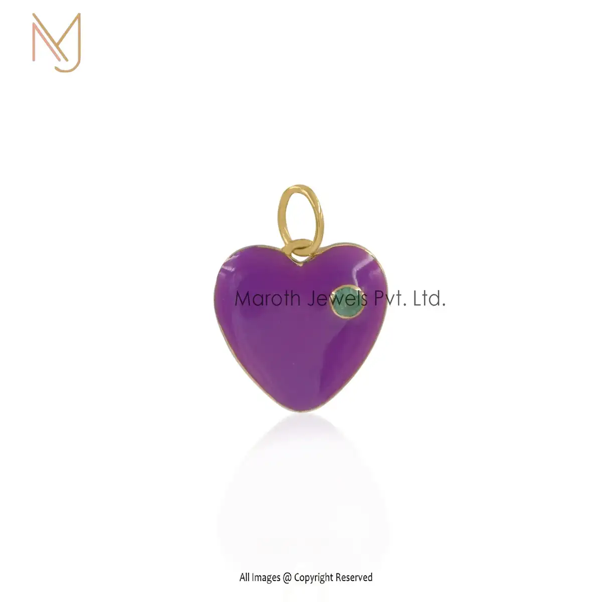 14K Yellow Gold Pink Enamel & Emerald Heart Pendant Manufacturer