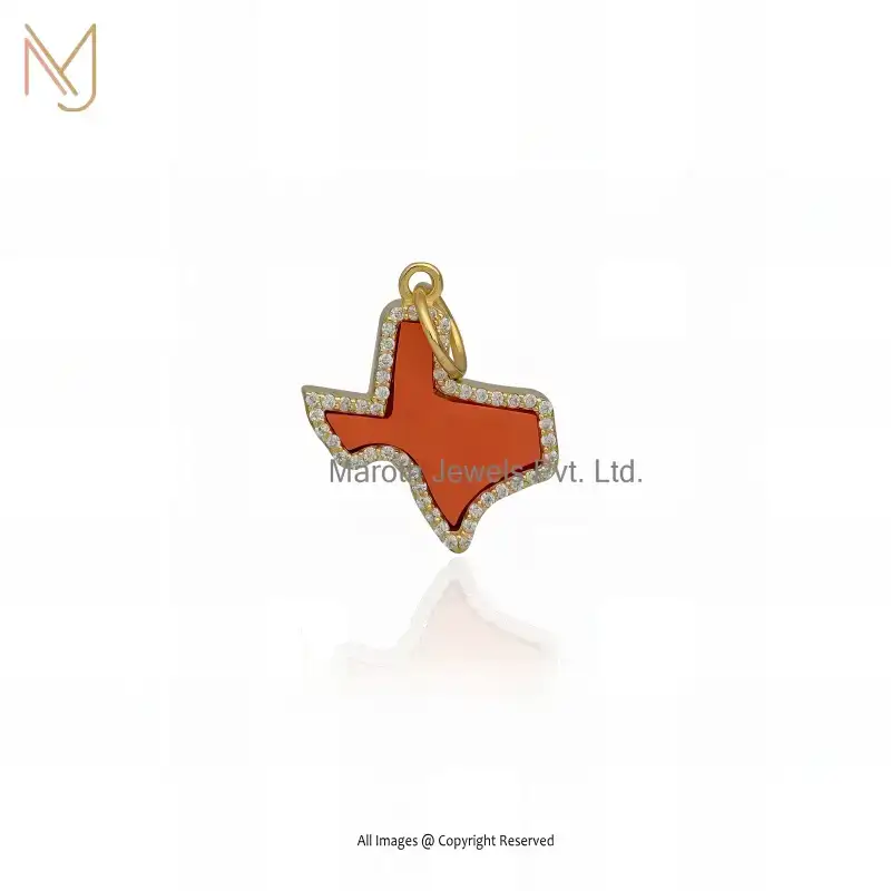 Private Lable 14K Yellow Gold White Coral And Moissanite Tiny Texas State Map Pendant