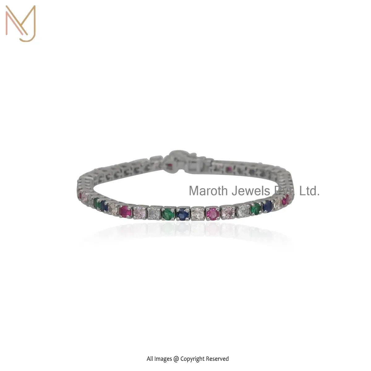 925 Silver White Gold Plated Multi Gemstone Tennis Bracelet Jewelry Supplier
