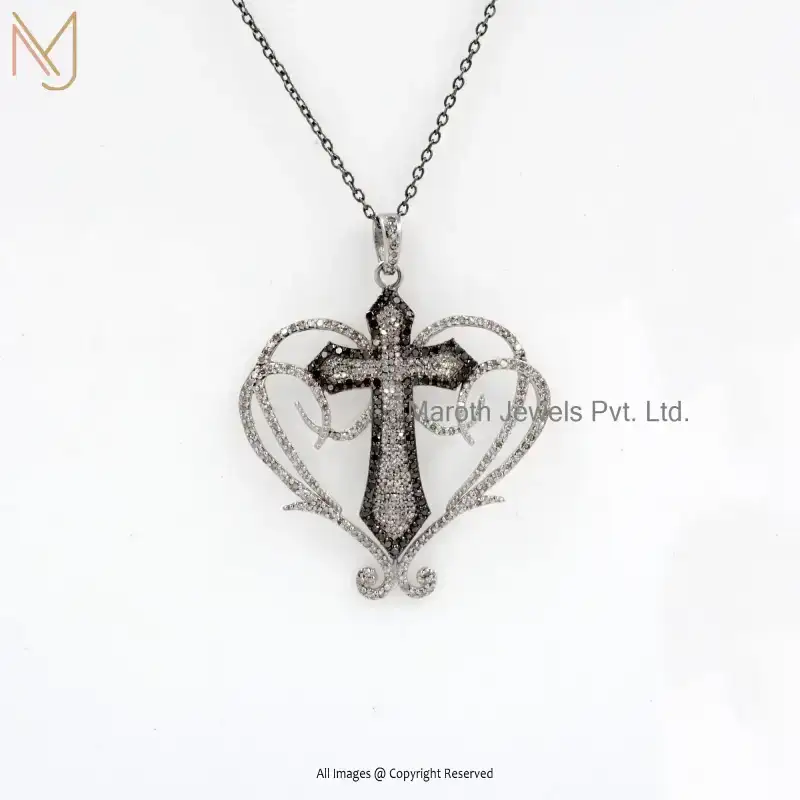 Wholesale 925 Silver Rhodium Plated Pave Diamond & Black Diamond Cross In Heart Pendant Jewelry