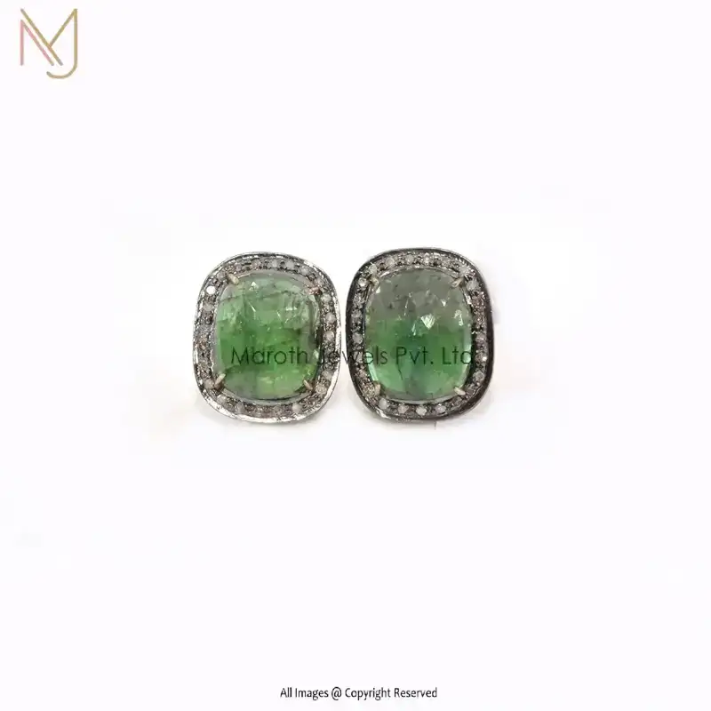 Private Label 925 Silver Pave Diamond Emerald Gemstone Studs Earrings Jewelry