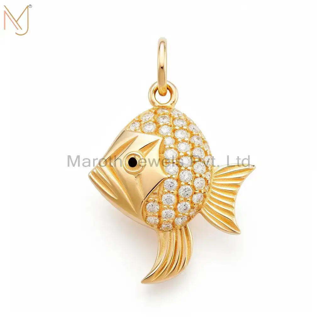 Private Lable 925 Sterling Silver Yellow Gold Plated Moissanite Angel Fish Charm Pendant Jewelry