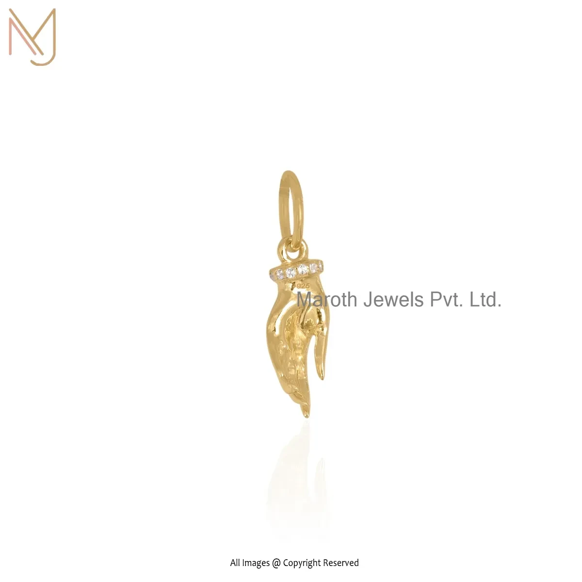 925 Silver Yellow Gold Plated White Topaz Hand Charm Pendant Custom Jewelry