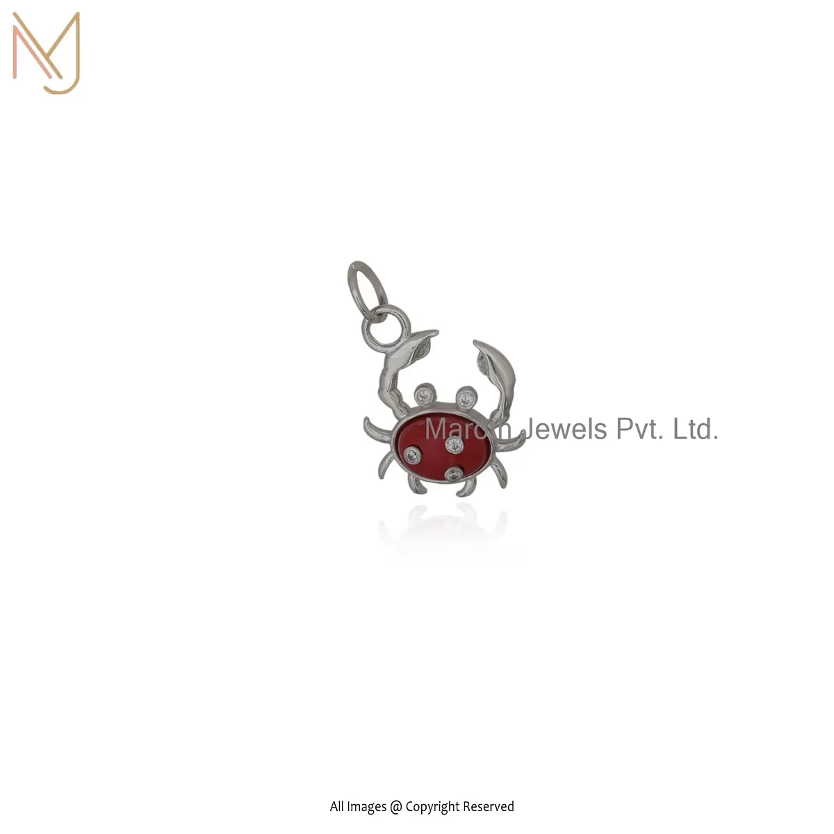 Wholesale 925 Silver Natural Silver Plated Cubic Zircon & Red Coral Gemstone Crab Charm Pendant