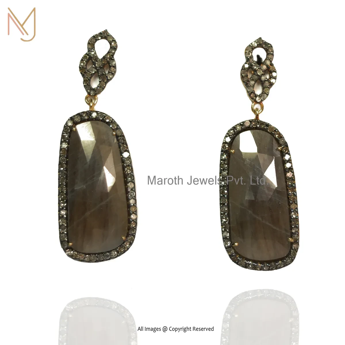 Private Lable 14K Yellow Gold Pave Diamond Rutile Quartz Gemstone Drop Earring